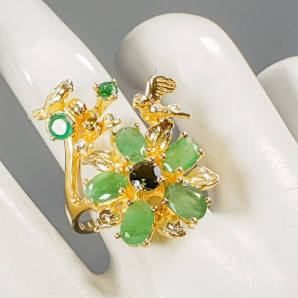 Natural Emerald and Chrome diopside ring sterling silver  gold plated - Picture 9 of 9